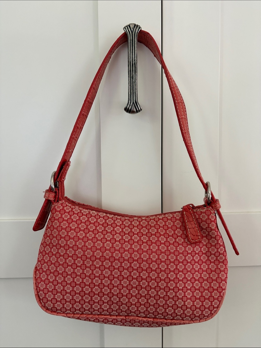 Nine West Red Coral Colored Patterned Shoulder Bag with Short Buckle Strap